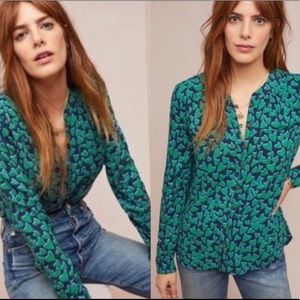 LAST CALL- Anthropologie Green and Blue Heart Button Down Top